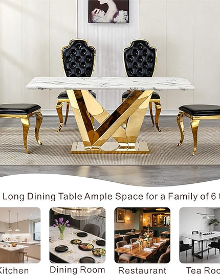 70 Inch Modern Rectangular Dining Table for 6, Faux Marble Top with Mirrored Stainless Steel Base, Large Kitchen Table for Dining Room, Living Room, Office, Conference, (Table Only) (Gold + White)