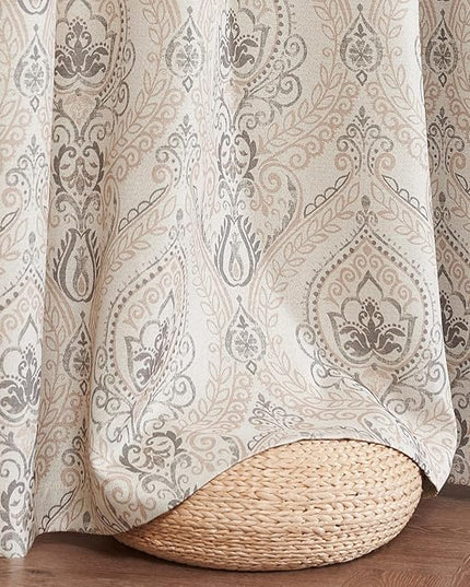 jinchan Linen Textured Curtains for Living Room Darkening 90 Inch Length, Medallion Drapes for Bedroom, Damask Pattern Window Treatments Vintage Curtain Panels, 2 Panels Taupe on Greige