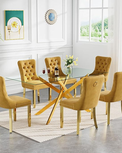 Rectangle Glass Dining Table Set for 6, 60'' Kitchen Table and Chairs Set, 7PCS Modern Dining Room Table Set with 6 Velvet Dining Chair for Home