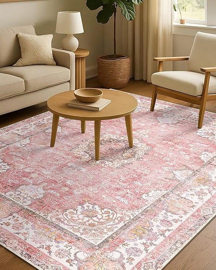 Pink Rug 4'x6.5',Washable Area Rugs for Bedroom Living Room Kitchen Entryway Bedside,Small Boho Vintage Bohemian Distressed Oriental Non Slip Carpet,Blush Floral Flowers