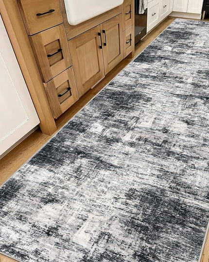 IOHOUZE Abstract Runner Rug 3x14 Ft Washable Runners for Hallways, Non Slip Kitchen Runner Printed Faux Wool Entryway Runner Indoor, Modern Abstract Floor Carpet for Hall Stair, Black Grey