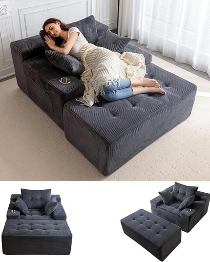 MAXYOYO Oversized Chaise Lounge Sofa, Upholstered Lounge Chair with 3 Pillows Indoor, Tufted Boneless Sofa Couch with Ottoman, Deep Seat Sleeper Chair for Living Room, Bedroom, No Assembly, Grey