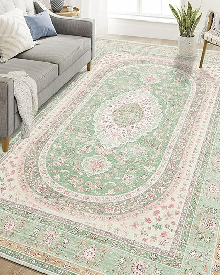 6x9 Area Rugs Washable,Green Rug for Living Room Bedroom Kitchen,Large Boho Vintage Bohemian Distressed Oriental Carpet Non Slip,Sage Blush Floral