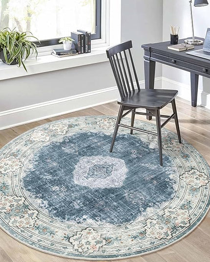 MUJOO Blue Round Rug 5ft,Circle Washable Area Rugs for Bedroom Living Room Bathroom,Boho Large Non Slip Circular Carpet,Floral