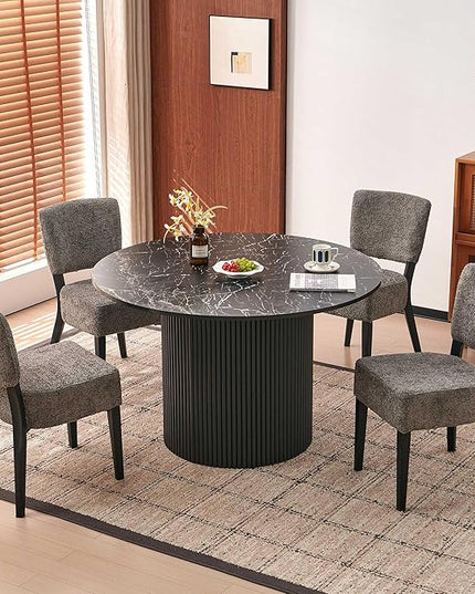 5-Piece Round Dining Table Set, Modern Kitchen Table Chairs Set of 4, Upholstered Dining Room Chairs with Thick Cushion&Solid Wood Legs for Living Room Apartment, Black Faux Marble Table&Grey