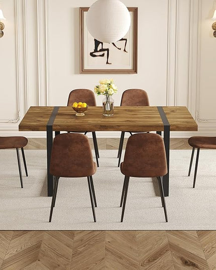 7 Piece Dining Table Set，Dinner Table Set for 6，71'' Dark Wood Kitchen Table and Suede Nap Fabic Chairs Set of 6，6 Chair Dining Table Set for Kitchen Dining Room