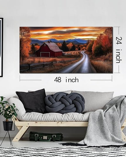 JuhaiArt Fall Wall Decor Red Barn Landscape Wall Art Natural Picture Sunset Scenery Canvas Decor for Living Room Bedroom Rustic Poster 24" x 48"