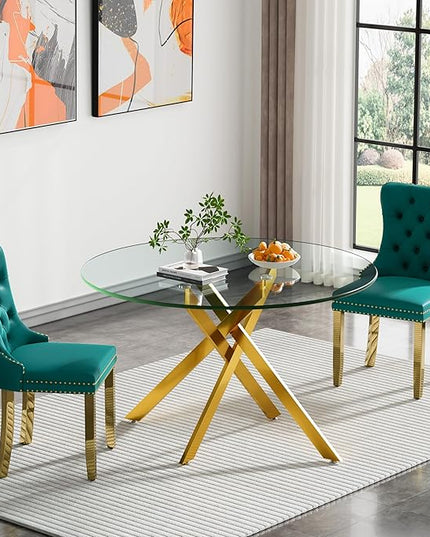 Round Glass Dining Table Set for 2, 47'' Clear Circular Kitchen Table and Chairs Set, 3PCS Modern Circle Dining Room Table Set with 2 Velvet Dining Chair for Home