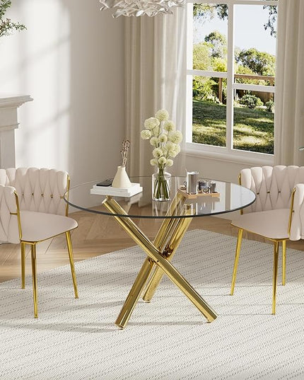 Small Clear Round Glass Top Dining Set for 2, 3 Pcs Modern Gold Circle Dinner Room Set, 36'' Minimalist Luxury Circular Kitchen Table Set, Ivory Woven Chair, for Breakfast Nook Living Room