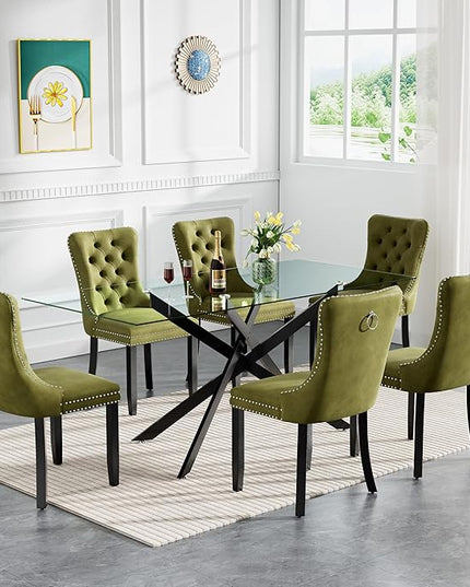 HomVent 7 Piece Rectangular Glass Dining Table Set, Tempered Glass Dinner Table Set for 6 Kitchen Table Set with 6 Velvet Upholstered Chairs for Kitchen Dining Room
