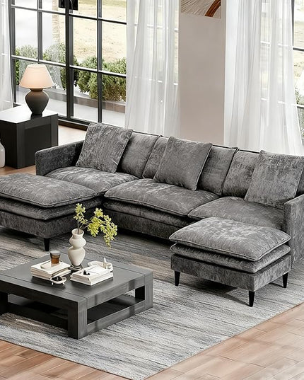 Modular Sectional Sofa, 143.31'' Modern Sofa Sleeper Couch with 3 Seat & 3 Pillows Sofa Set, Comfy Cloud Couches with Movable Ottoman, Deep Seat Couch for Living Room Chenille (Grey, U Shaped)