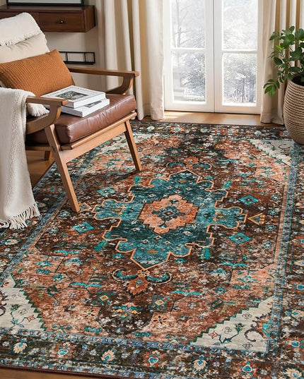 Ciicool Boho Area Rug 3x5ft Washable Bedroom Rug Non-Slip Oriental Entryway Throw Rug Low-Pile Indoor Floor Carpet for Living Room Laundry Foyer Decor (Brick Red/Dull Teal)