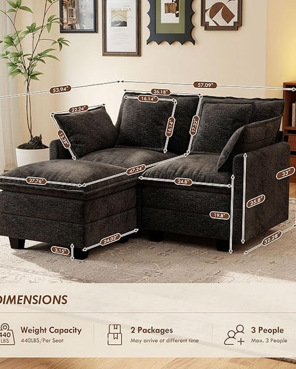Ihanherry 57" L Shaped Modular Sectional Cloud Sofa, Modern 3 Seat Chenille Couch with Ottoman for Living Room, Bedroom and Apartment, Black