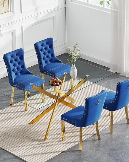 Rectangle Glass Dining Table Set for 4, 60'' Kitchen Table and Chairs Set, 5PCS Modern Dining Room Table Set with 4 Velvet Dining Chair for Home