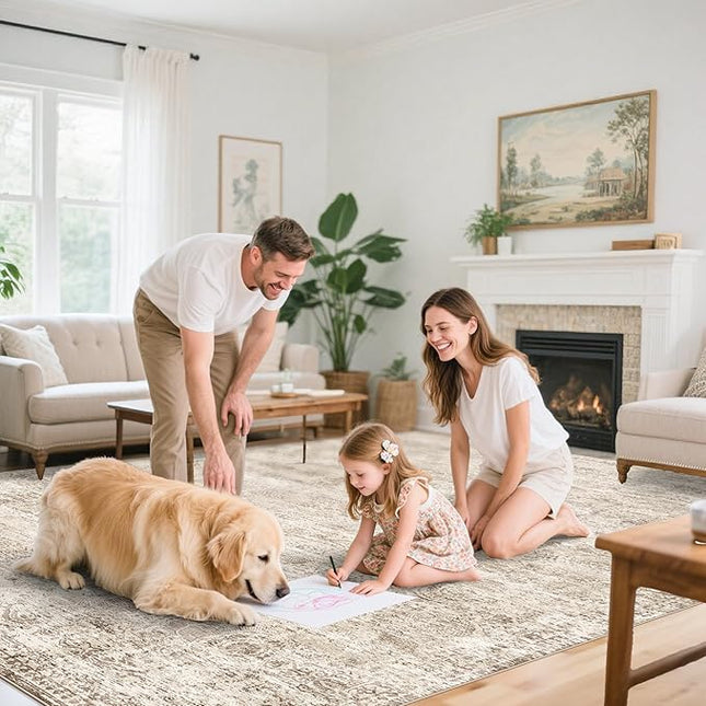 Washable 12x15 Area Rug - Extra Large Rugs for Living Room Soft Low Pile Carpet for Bedroom Non-Slip Stain Resistant Vintage Indoor Floor Carpets (Beige Brown, 12x15)