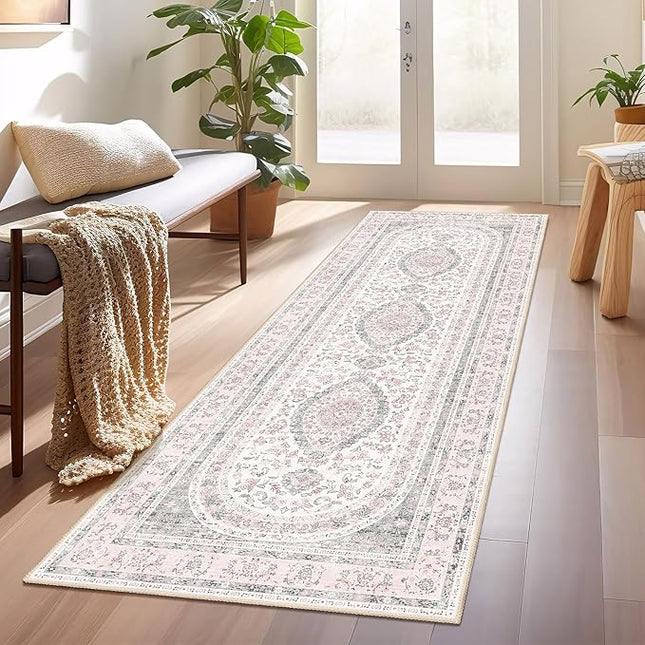 Washable Runner Rug 2x6,Pink Rug Runners Non Slip,Long Boho Rugs for Hallways Kitchen Bedroom Entryway Bathroom,Vintage Bohemian Distressed Farmhouse Floor Carpet,Grey Blush Floral
