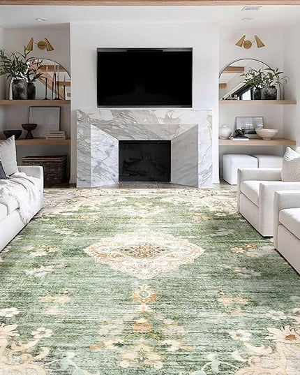 MUJOO 9’x12’ Area Rug Large Rugs for Living Room Green Rug for Bedroom Dining Room Boho Rug Washable Rug Non Slip Big Carpet Abstract Soft Low-Pile Floral Flowers