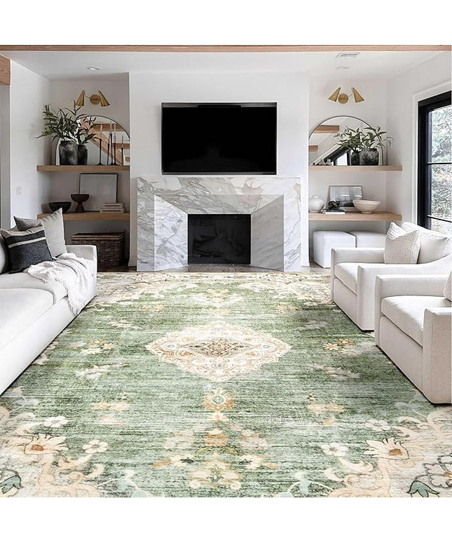 MUJOO 9’x12’ Area Rug Large Rugs for Living Room Green Rug for Bedroom Dining Room Boho Rug Washable Rug Non Slip Big Carpet Abstract Soft Low-Pile Floral Flowers