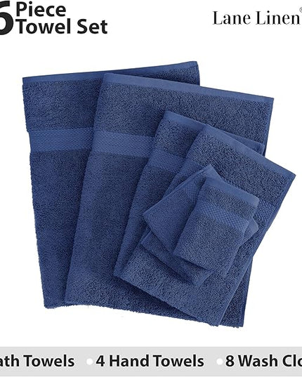 LANE LINEN 100% Cotton Luxury Towel Set for Bathroom - 16 Pieces, Ring Spun - Plush, Soft & Highly Absorbent - 4 Shower Towels, 8 Washcloths, 4 Hand Towels - Complete Bathroom Towel Set - Navy Blue