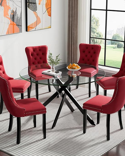 HomVent 7 Piece Round Glass Dining Table Set, Tempered Glass Dinner Table Set for 6 Kitchen Table Set with 6 Velvet Upholstered Chairs for Kitchen Dining Room