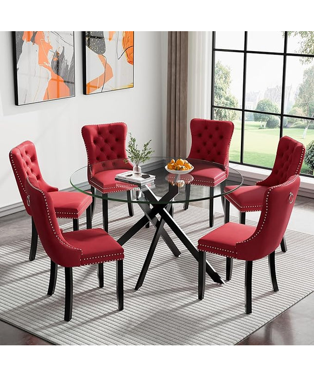 HomVent 7 Piece Round Glass Dining Table Set, Tempered Glass Dinner Table Set for 6 Kitchen Table Set with 6 Velvet Upholstered Chairs for Kitchen Dining Room