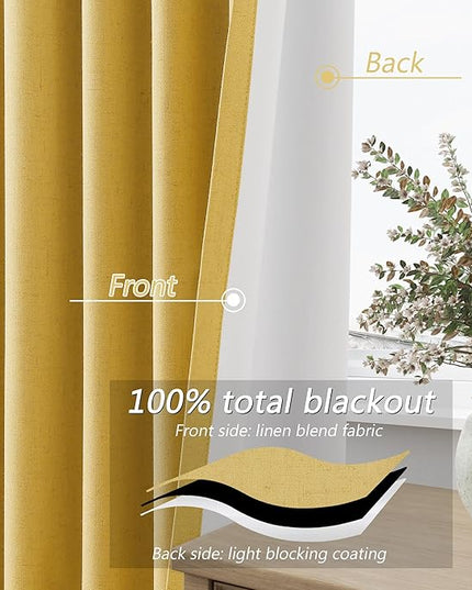 Guken Blackout Curtains 80 Inch Length 2 Panels Set for Living Room Bedroom Back Tab Thermal Insulated 100% Black Out Linen Drapes Room Darkening Window Curtains 80 Inches Long,Gold Yellow