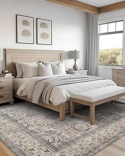 ReaLife Rugs Machine Washable Area Rug Runner - Living Room Bedroom Bathroom Kitchen Entryway Office - Padded Low Pile Stain Resistant Premium - Boho Farmhouse Vintage - Paz - Beige Gray Ivory 3'x5'