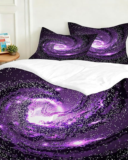 Galaxy Comforter Set Boys 3D Universe Bedding Set Queen Size Outer Space Purple Bed Set for Girls Kids Soft Microfiber Purple Comforter Set Bedroom Glitter Starry Sky Quilt Set Galaxy Bedding