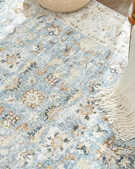 jinchan Runner Rug 2x6 - Hallway Rug Kitchen Washable Runner Vintage Floral Boho Lightweight Thin Non-Slip Retro Distressed Carpet for Entryway Bathroom Bedroom Laundry Room Light Blue