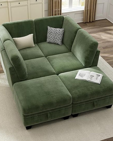 CHIC HOUSE Corduroy Modular Sectional Couch with Ottoman Chaise, L/U Shaped Sleeper Sofa for Living Room, Apartment, Lounge, Modern Armrest Neck Support Furniture (6 Seater Compact Sleeper, Green)