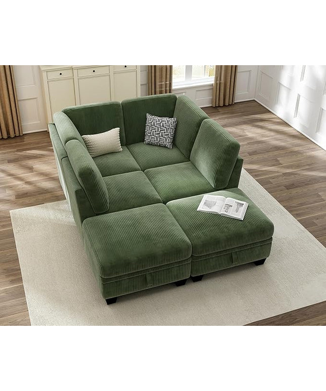 CHIC HOUSE Corduroy Modular Sectional Couch with Ottoman Chaise, L/U Shaped Sleeper Sofa for Living Room, Apartment, Lounge, Modern Armrest Neck Support Furniture (6 Seater Compact Sleeper, Green)