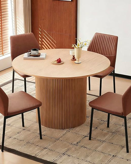 Pandolfni Dining Table Set for 4, 47" Wooden Round Kitchen Table with PU Leather Chairs for Kitchen Room and Small Spaces(Oak Table + 4 Brown Chairs)