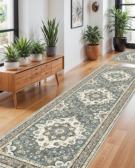 Washable Oriental Hallway Runner Rug - 3x10 Rugs for Living Room Soft Carpet for Bedroom Kitchen Waterproof Floral Distressed Indoor Stain Resistant Non-Shedding Floor Carpets (Blue, 3X10)