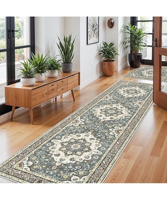 Washable Oriental Hallway Runner Rug - 3x10 Rugs for Living Room Soft Carpet for Bedroom Kitchen Waterproof Floral Distressed Indoor Stain Resistant Non-Shedding Floor Carpets (Blue, 3X10)