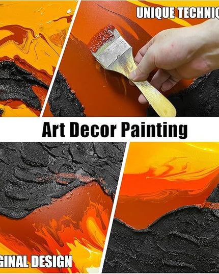GUGIKA Extra Large Abstract Wall Art for Living Room, Hand Painted 3D Textured Magma Paintings, Black and Gold Yellow Volcanic Lava Canvas Wall-Decor for Bedroom, Size 80x40 Inches