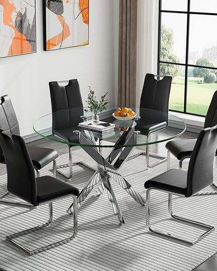 HomVent Round Glass Dining Table Set for 6, 7-Piece Modern Kitchen Table Set with 6 PU Upholstered Chair for Kitchen Dining Room, Glass Dining Room Table Set