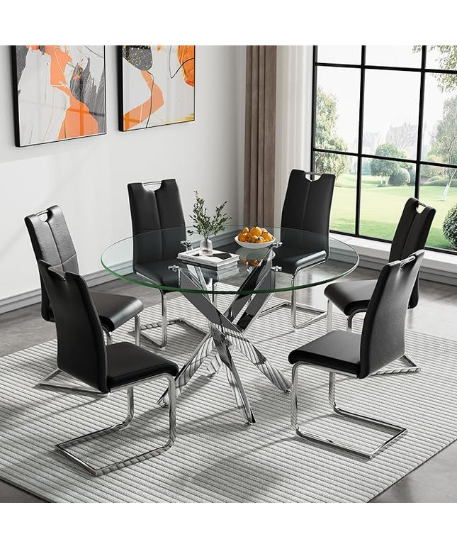 HomVent Round Glass Dining Table Set for 6, 7-Piece Modern Kitchen Table Set with 6 PU Upholstered Chair for Kitchen Dining Room, Glass Dining Room Table Set