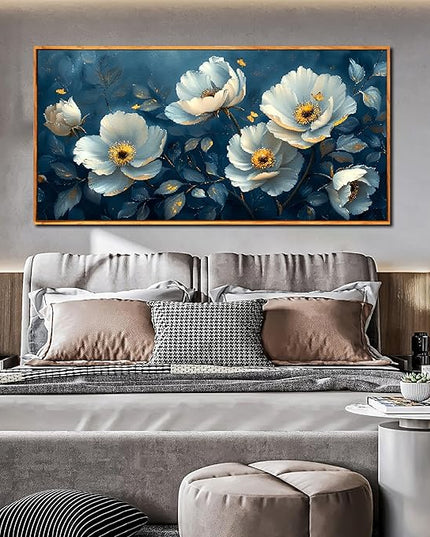 Ouzzlie Large Flower Wall Decor Blue Wall Art for Living Room Office Gold Butterfly Picture Artwork Canvas 29" x 59"