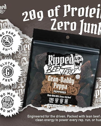 Ripped Beef Jerky - 100% Grass Fed Beef, 20g Protein, Real Ingredients, Gluten Free, No MSG, Made in USA (Pack of 12, Peppered)