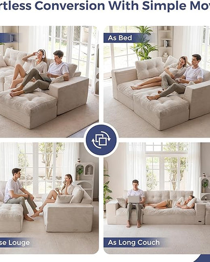 MAXYOYO 104" L Shaped Modular Sectional Sofa with Ottoman, Cloud Boneless Couch with Layered Cushion, Upholstered Sofa in a Box, Flexible Module Combination for Living Room, No Assembly, Beige