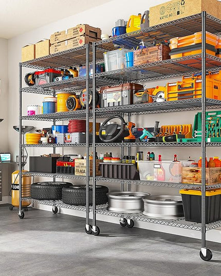 82" H X45 W X18 D Storage Shelves with Wheels, 6 Tier Wire Shelving Adjustable Metal Shelving Pantry Shelves Capacity 1200LBS for Garage Shelving, Pantry, Kitchen, Closet, Black,2P