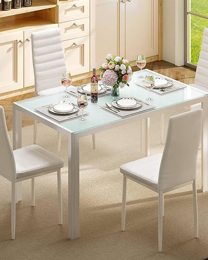 Gizoon 5 Piece Glass Dining Table Set, Kitchen and Chairs for 4, PU Leather Modern Room Sets for Home, Kitchen, Living Room