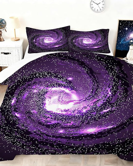 3D Galaxy Girls Comforter Set Full Size Boys Purple Universe Bedding Set Outer Space Starry Sky Bed Set for Boys Kids Microfiber Glitter Comforter Set Bed in A Bag Soft Outer Space Quilt Set