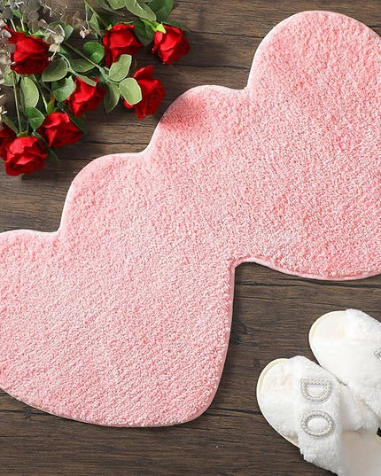 Hoolerry Valentines Heart Rug Double Heart Shaped Bathroom Rug Decorative Non Slip Doormat Washable Love Shag Shower Mat Home Bedroom Living Room 15.75 x 31.5 Inch(Pink)