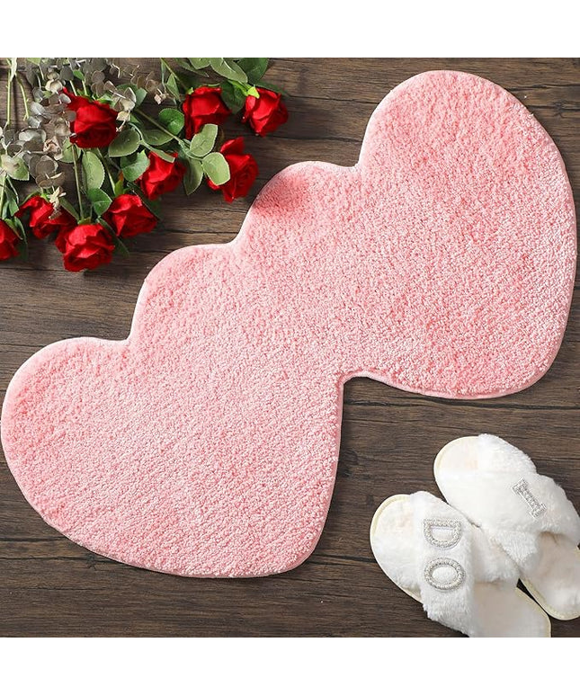 Hoolerry Valentines Heart Rug Double Heart Shaped Bathroom Rug Decorative Non Slip Doormat Washable Love Shag Shower Mat Home Bedroom Living Room 15.75 x 31.5 Inch(Pink)