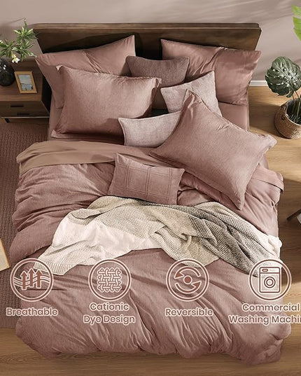 Monbix Queen Comforter Set - 7 Pieces Dusty Pink Cationic Dyeing Bed in a Bag Queen Bedding Sets with Sheets, Pillowcases & Shams, Reversible Bedding Comforters