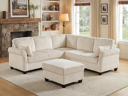 Modular Sectional Sofa Couch, L-Shape Corduroy Couches 6 Seat with Storage Ottoman, Modern Corner Sofa Memory Foam Sectional Cloud Couches for Living Room, Bedroom, Apartment, Office (Beige)