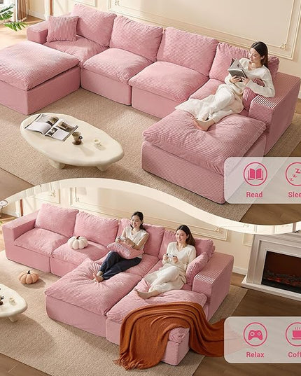 137.8” Sectional Couches for Living Room, Cloud Couch, Modular Sectional Sofa, Convertible Sofas Bed, Deep Seat Sofa, U Shaped Cozy Sofa Furniture Set, Corduroy, Pink