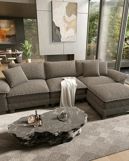HERA'S HOUSE 124" Modular Sectional Sofa, Oversized L Shaped Couches for Living Room, Comfy Cloud Couch with Ottoman, 4-Seater Deep Seat Sofa with Throw Pillow, Chenille Ash