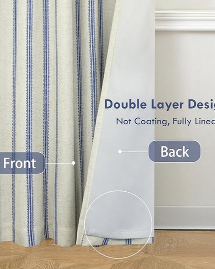DriftAway Farmhouse Linen Blend Blackout Curtains 96 Inches Long for Bedroom Vertical Striped Printed Linen Curtains Thermal Insulated Lined Treatments for Living Room 2 Panels W52 x L96 Linen Navy